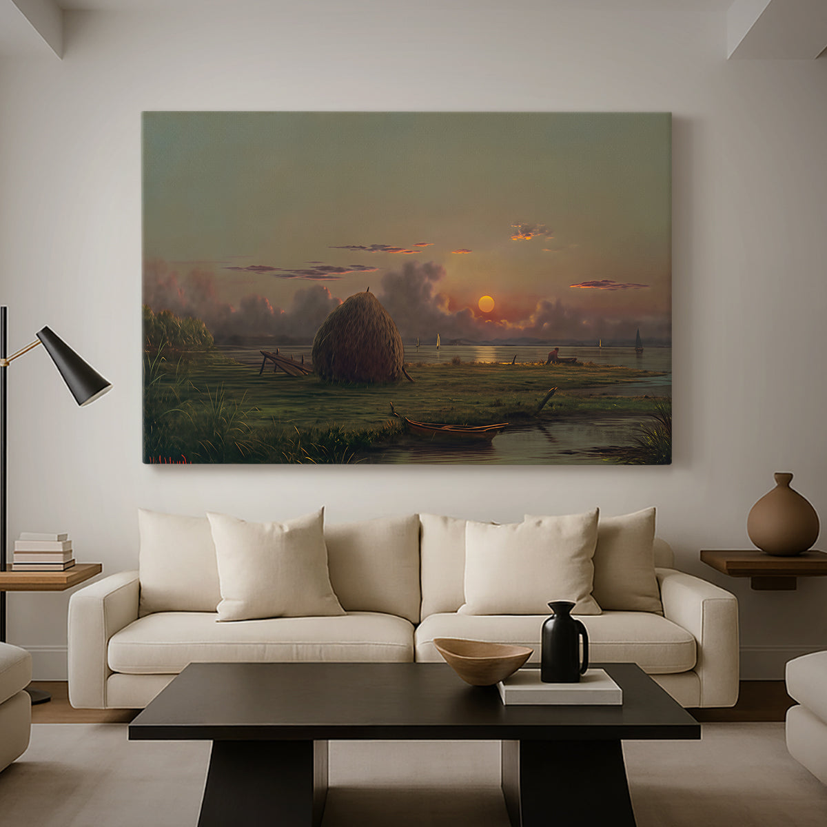 Canvas art print featuring a rural scene with haystack, displayed in a spacious living room