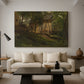 Canvas art print featuring a pastoral environment with farmhouse and vegetation, displayed in a spacious living room