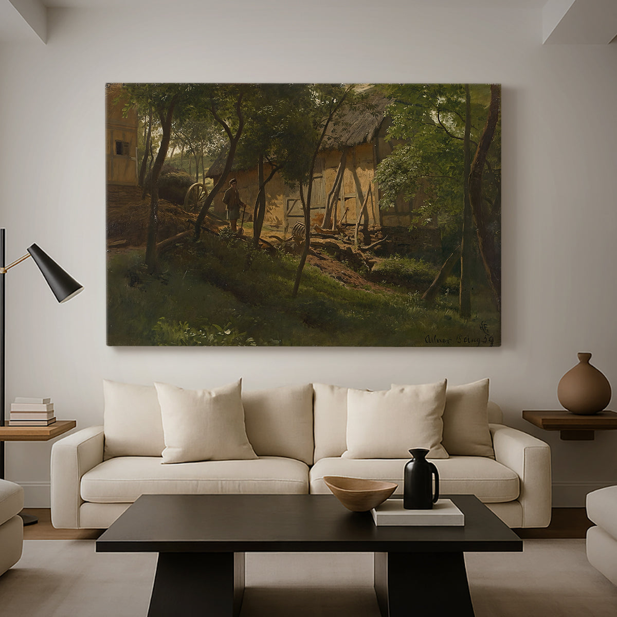 Canvas art print featuring a pastoral environment with farmhouse and vegetation, displayed in a spacious living room