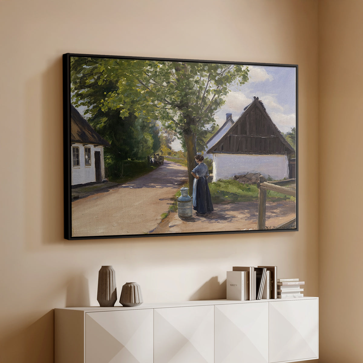 Danish Village Street with Woman and Milkman, 1880 - Floater Framed Canvas Print