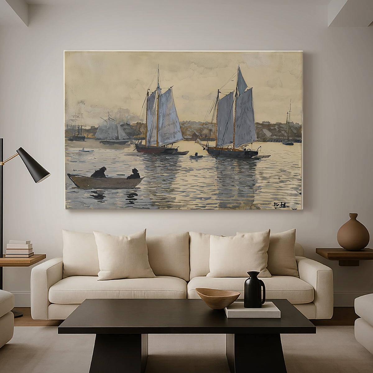 Canvas art print featuring a maritime composition focusing on vessels and horizon, displayed in a spacious living room
