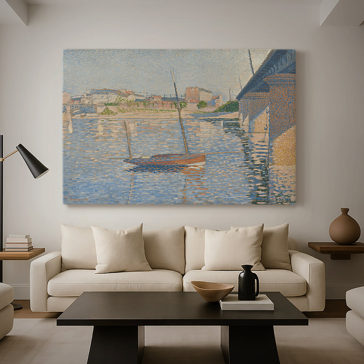 Canvas art print featuring a pointillist harbor view, displayed in a spacious living room