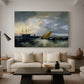 Canvas art print featuring an atmospheric seascape, displayed in a spacious living room