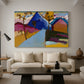 Canvas art print featuring an expressive composition blending architecture with color fields, displayed in a spacious living room