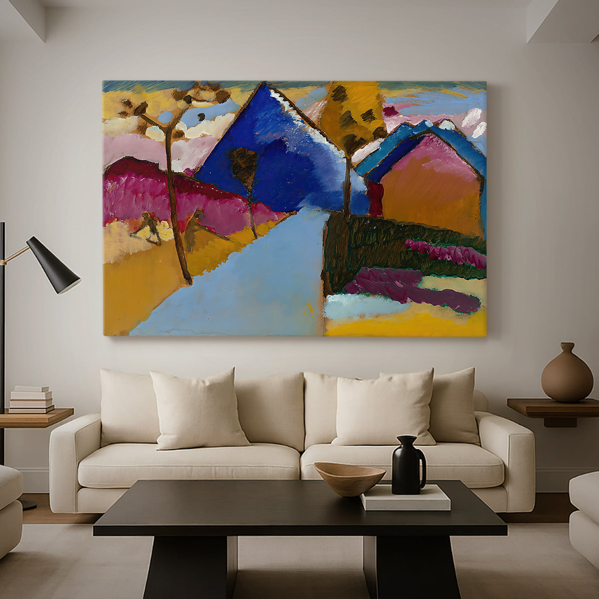 Canvas art print featuring an expressive composition blending architecture with color fields, displayed in a spacious living room