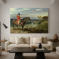 Canvas art print featuring a countryside composition showing active hunt in progress, displayed in a spacious living room