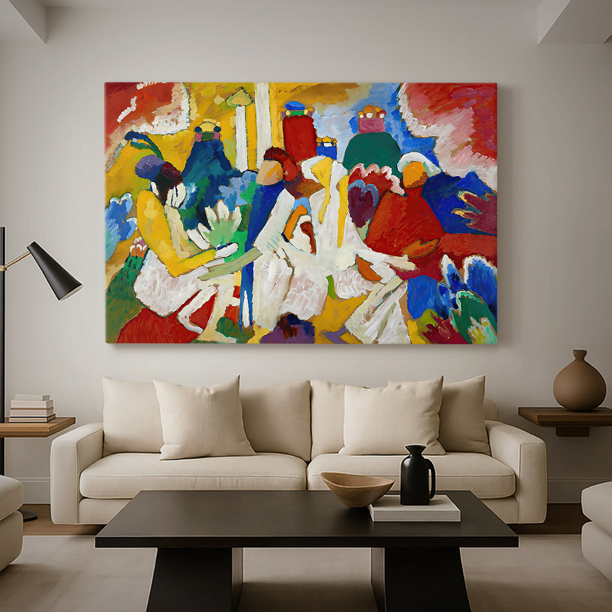 Canvas art print featuring a dynamic arrangement evoking cultural motifs through abstraction, displayed in a spacious living room