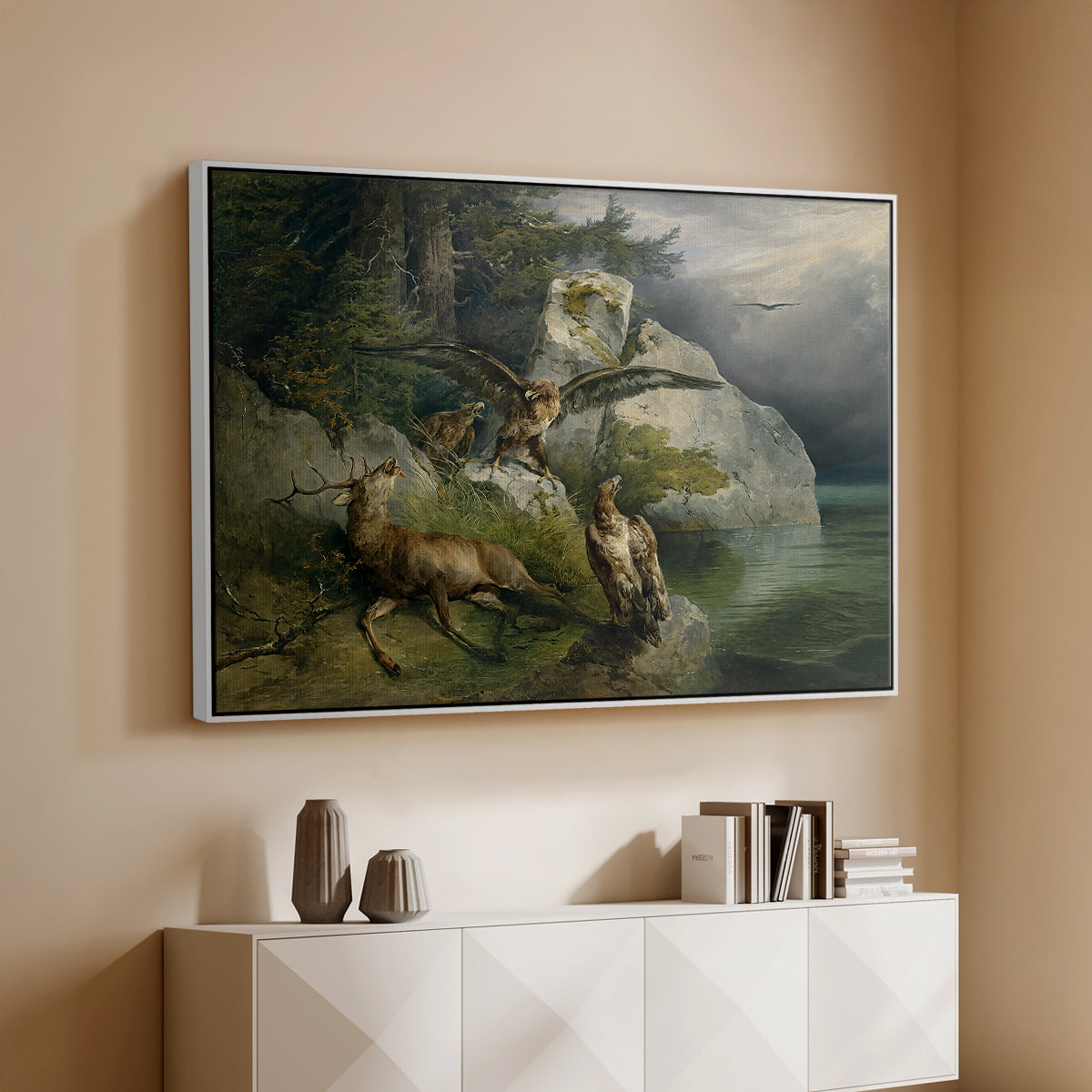 Eagles and Dying Stag on a Lakeshore, 1836 - Floater Framed Canvas Print