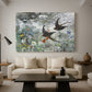 Canvas art print featuring a multiple birds flying together in natural outdoor scene, displayed in a spacious living room