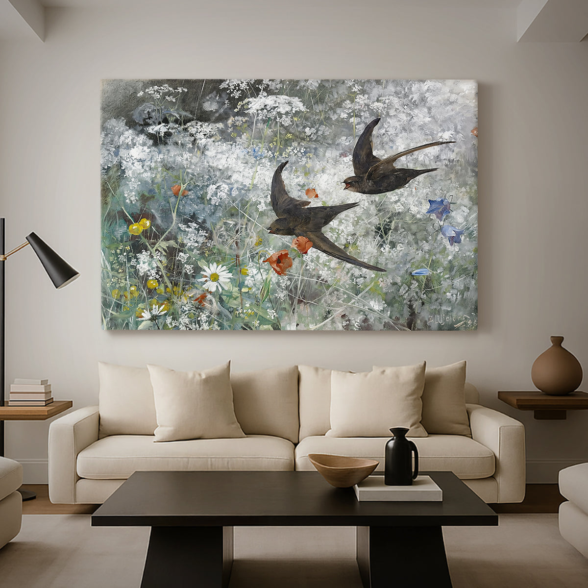 Canvas art print featuring a multiple birds flying together in natural outdoor scene, displayed in a spacious living room