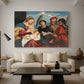 Canvas art print featuring a Renaissance group portrait of sacred figures in close arrangement, displayed in a spacious living room