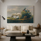 Canvas art print featuring a realist rural labor scene, displayed in a spacious living room