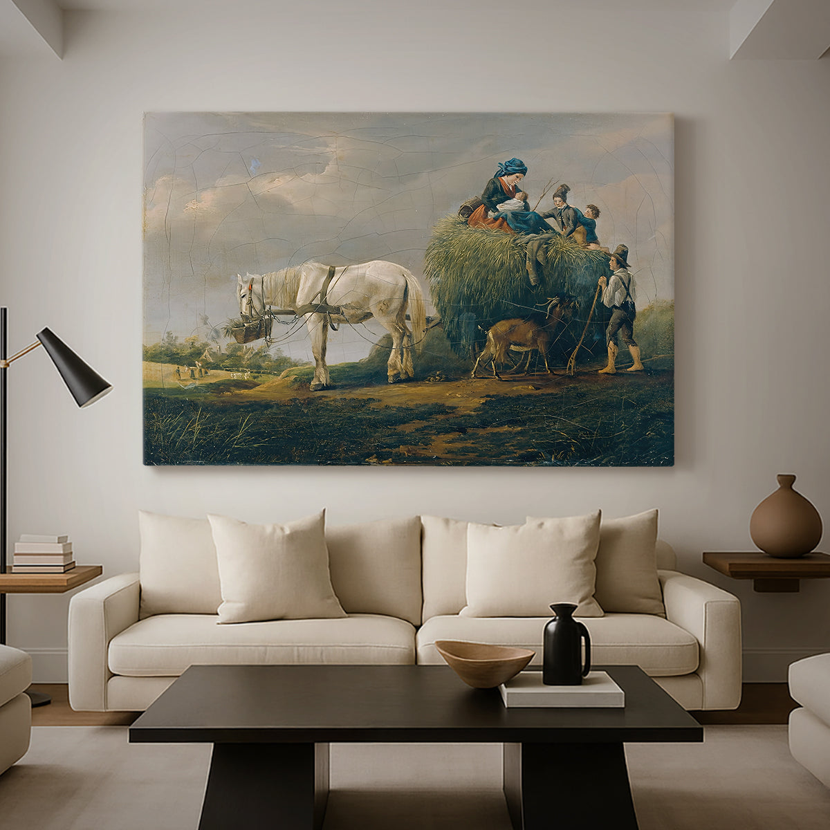 Canvas art print featuring a realist rural labor scene, displayed in a spacious living room
