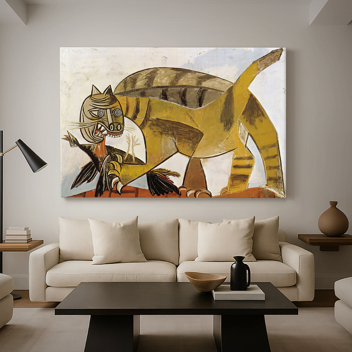 Canvas art print featuring an expressive composition with exaggerated feline form, displayed in a spacious living room