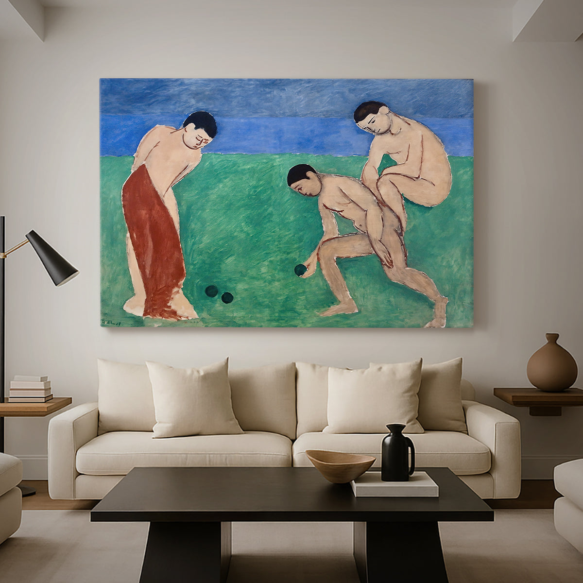 Canvas art print featuring a stylized figures interacting in a bright open field, displayed in a spacious living room
