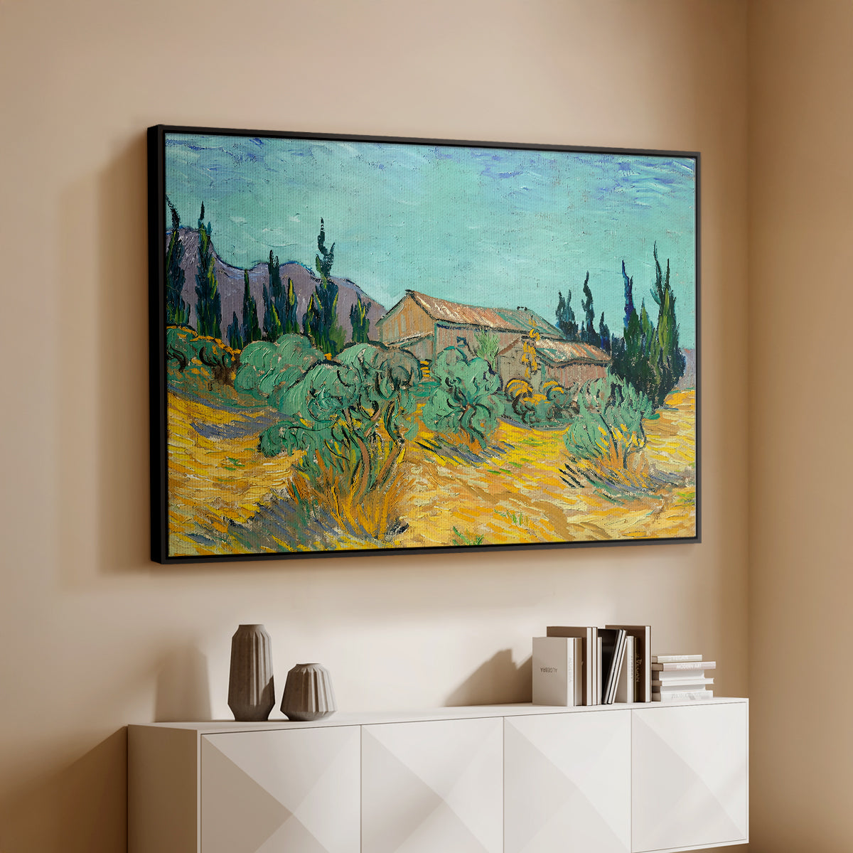 Wooden Sheds Among the Olive Trees and Cypresses, 1889 - Floater Framed Canvas Print