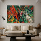 Canvas art print featuring a dynamic abstract painting with rhythmic lines and bold colors, displayed in a spacious living room