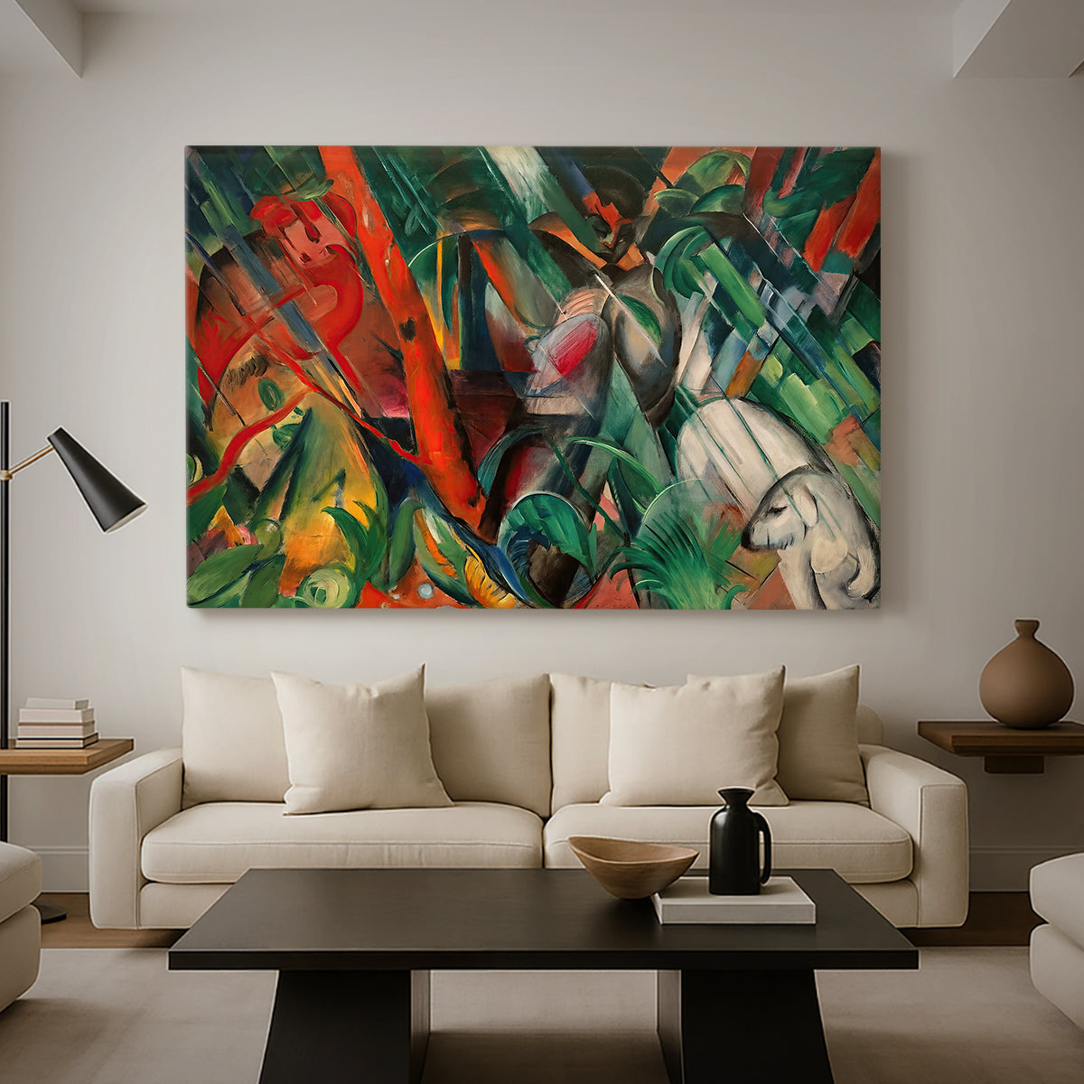 Canvas art print featuring a dynamic abstract painting with rhythmic lines and bold colors, displayed in a spacious living room