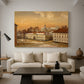 Canvas art print featuring an urban landscape featuring castle structures and activity, displayed in a spacious living room