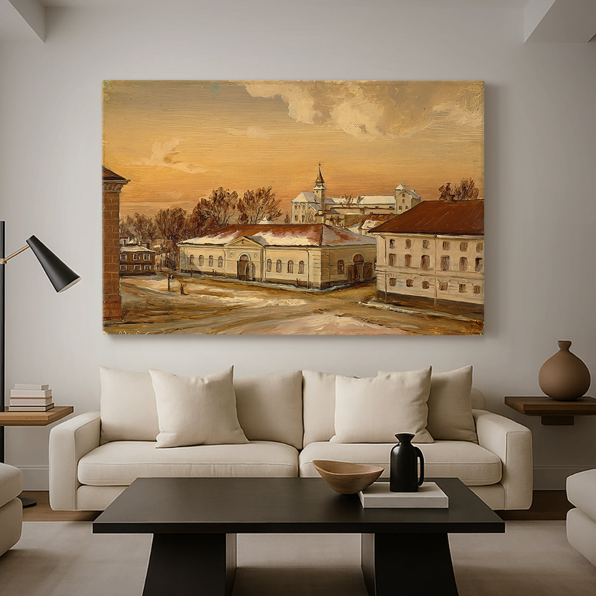 Canvas art print featuring an urban landscape featuring castle structures and activity, displayed in a spacious living room