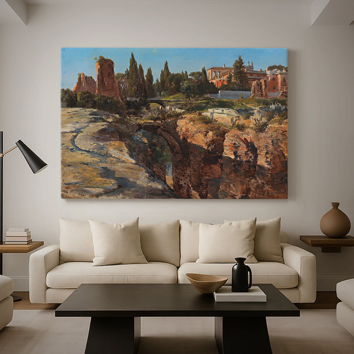 Canvas art print featuring a cityscape with classical ruins and surrounding terrain, displayed in a spacious living room