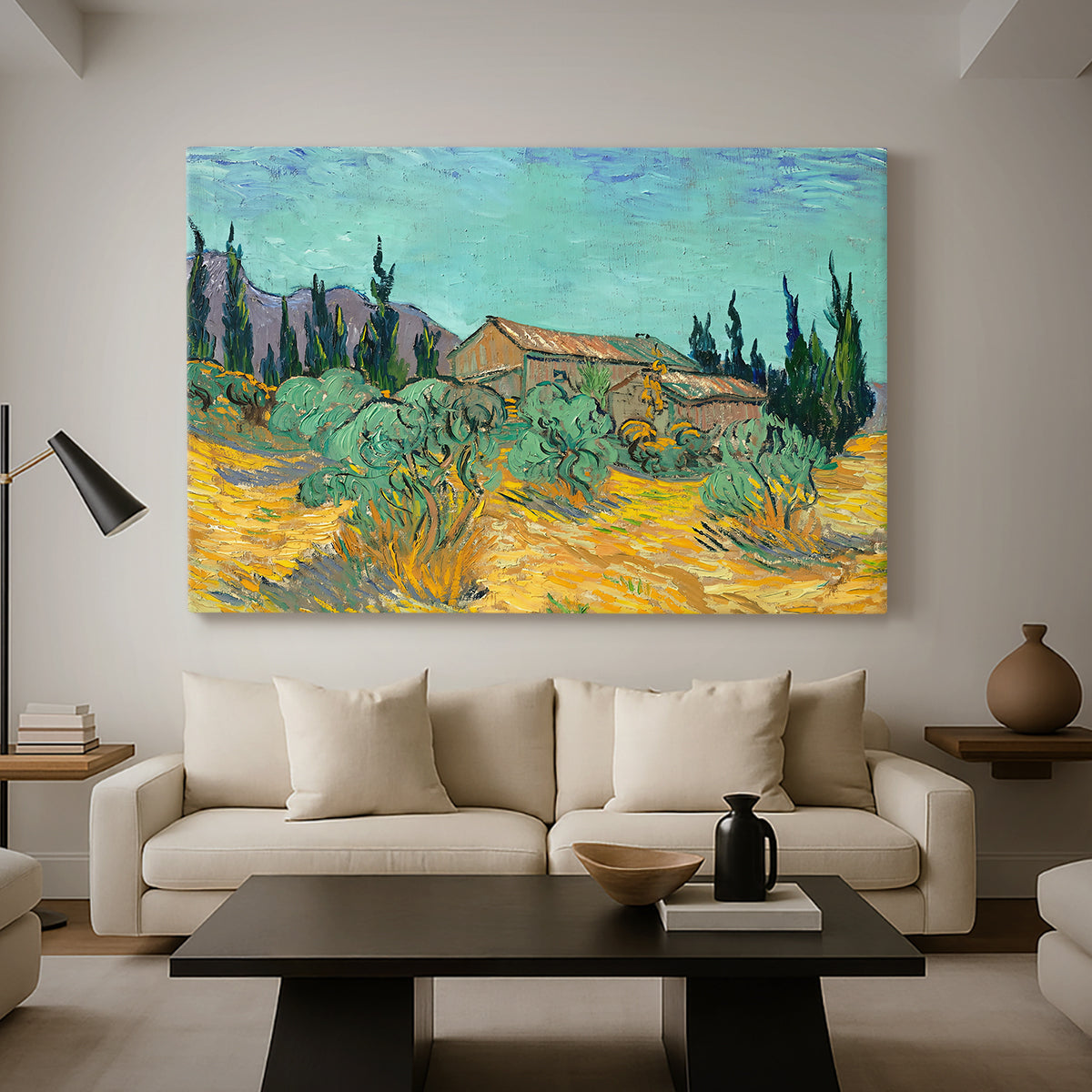 Canvas art print featuring a post-impressionist composition combining architecture and nature, displayed in a spacious living room