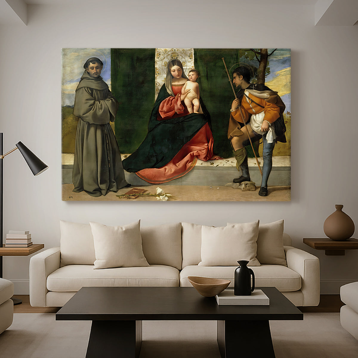 Canvas art print featuring a Renaissance image of mother and child flanked by saints, displayed in a spacious living room