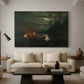 Canvas art print featuring a tranquil lake setting with figures engaged in traditional fishing, displayed in a spacious living room