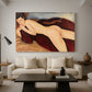 Canvas art print featuring a modernist nude figure lying face down with simplified contours, displayed in a spacious living room