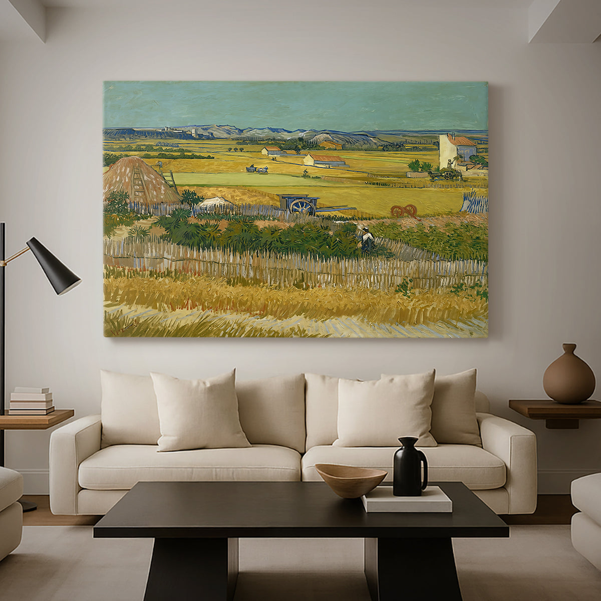 Canvas art print featuring an expressive landscape combining figures and farmland, displayed in a spacious living room