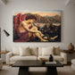 Canvas art print featuring a religious scene with angel defeating snake in dramatic pose, displayed in a spacious living room