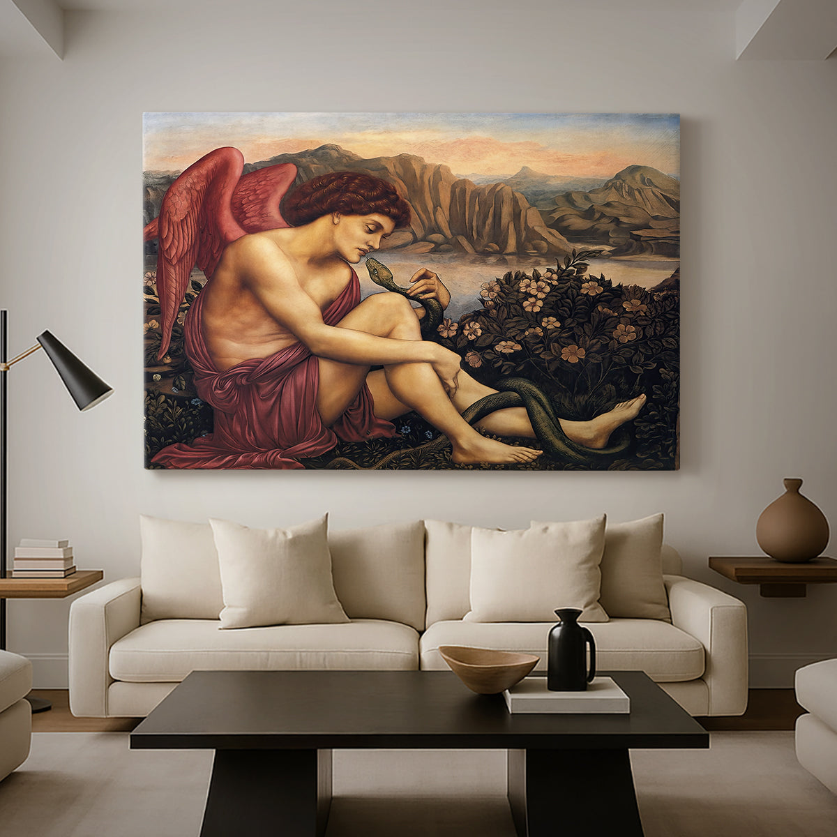 Canvas art print featuring a religious scene with angel defeating snake in dramatic pose, displayed in a spacious living room