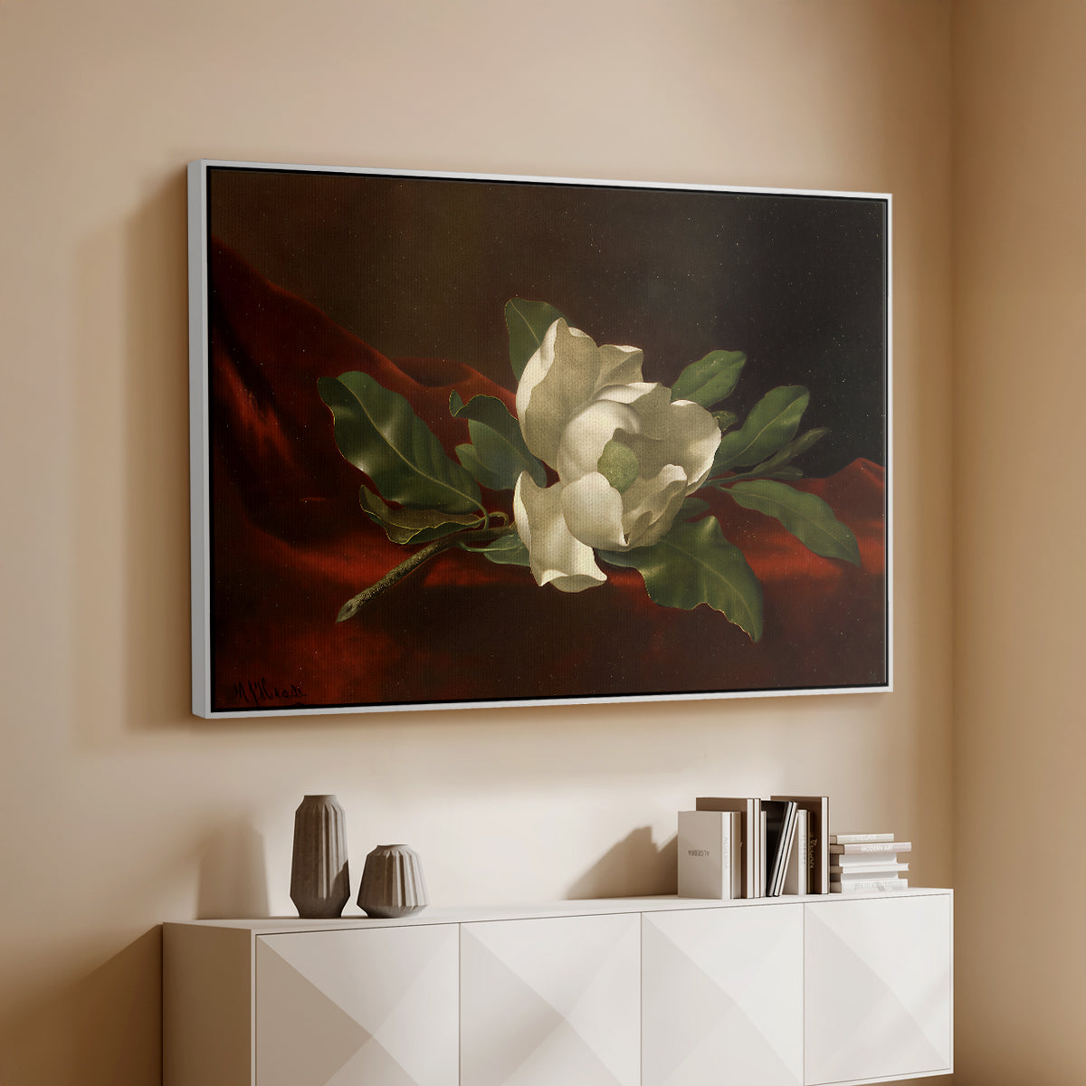 Magnolia on Red Velvet, c. 1885-1890 - Floater Framed Canvas Print