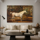 Canvas art print featuring an elegant animal study of stallion in outdoor setting, displayed in a spacious living room