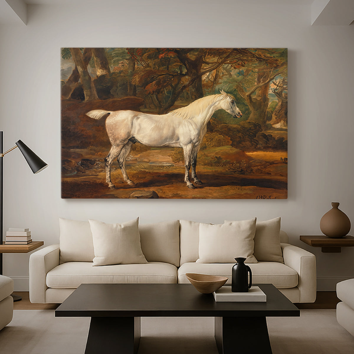 Canvas art print featuring an elegant animal study of stallion in outdoor setting, displayed in a spacious living room