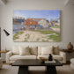 Canvas art print featuring a pointillist industrial view, displayed in a spacious living room