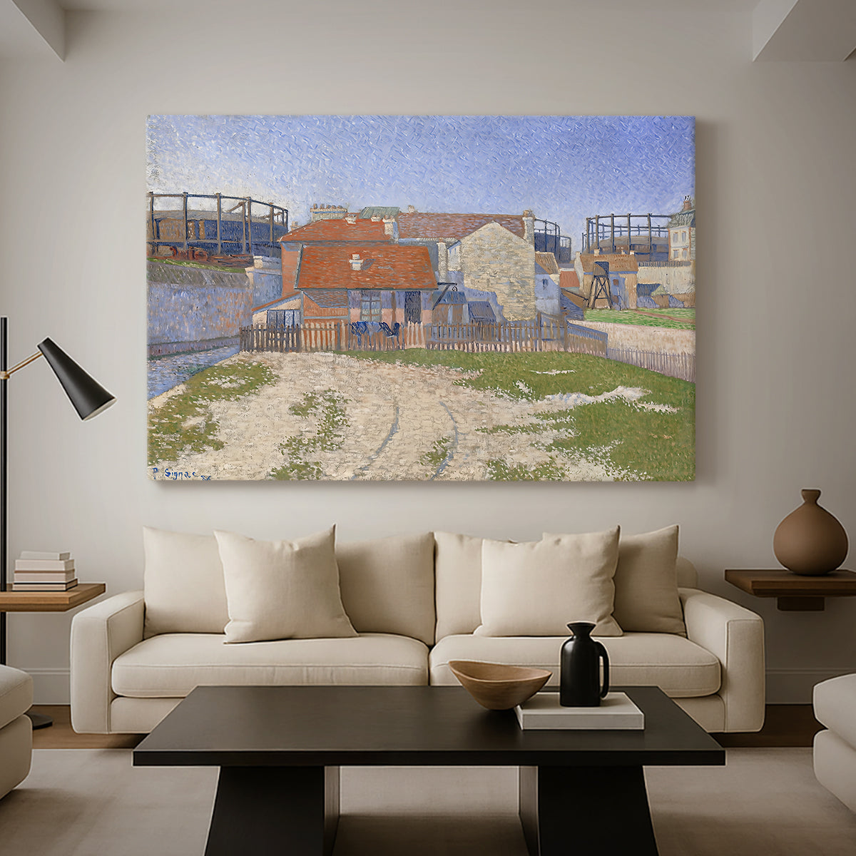Canvas art print featuring a pointillist industrial view, displayed in a spacious living room