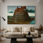Canvas art print featuring a symbolic scene of a towering structure and landscape, displayed in a spacious living room