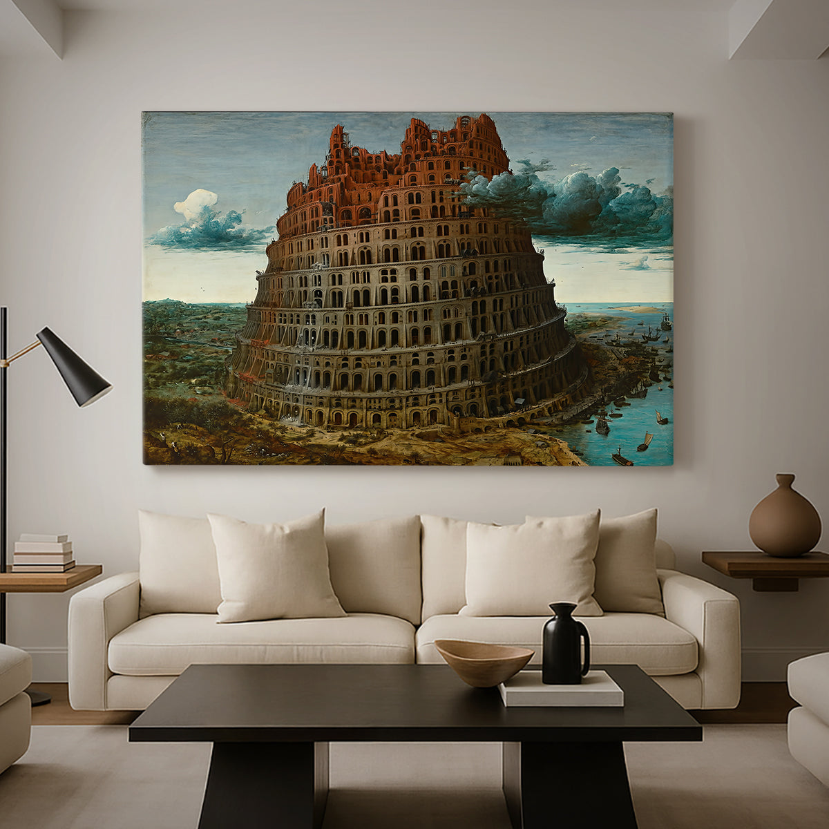 Canvas art print featuring a symbolic scene of a towering structure and landscape, displayed in a spacious living room