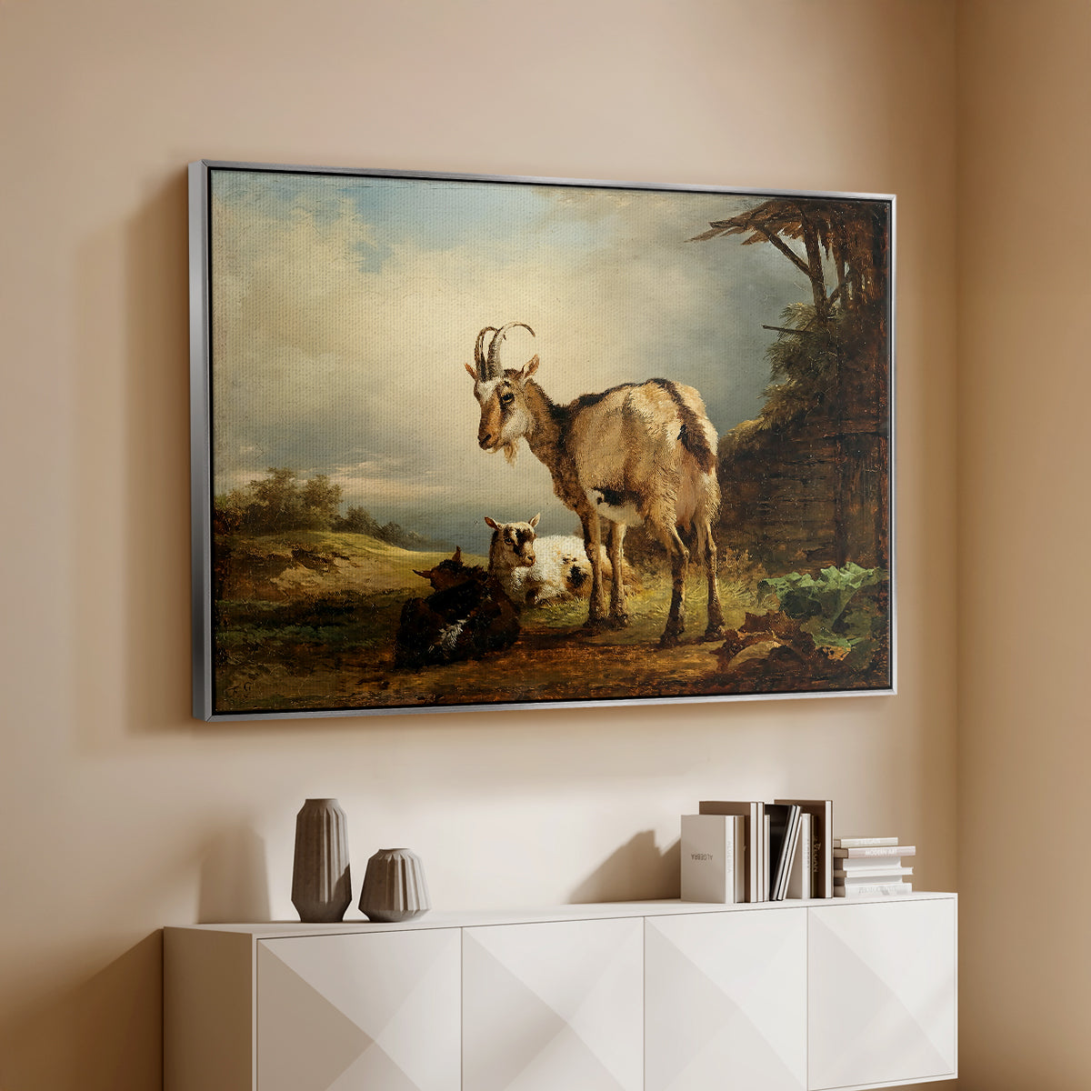 A Goat with Two Kids - Floater Framed Canvas Print
