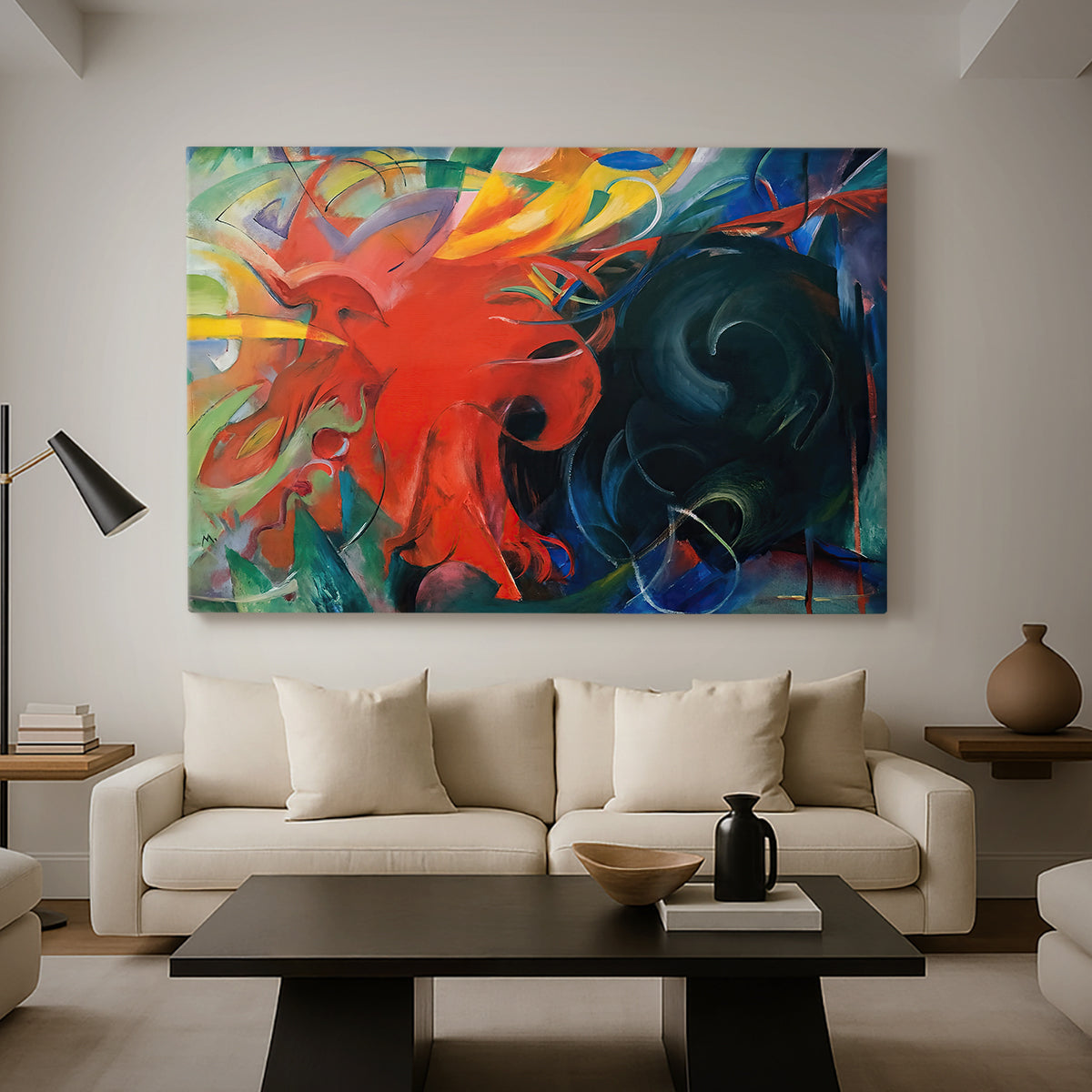 Canvas art print featuring a colorful abstract scene suggesting conflict through movement, displayed in a spacious living room