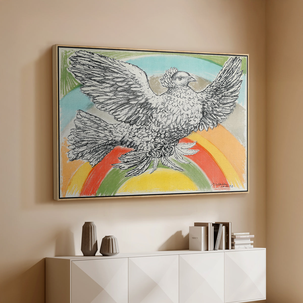Flying Dove with Rainbow (Colombe volant à l'Arc-en-ciel), 1952 - Floater Framed Canvas Print