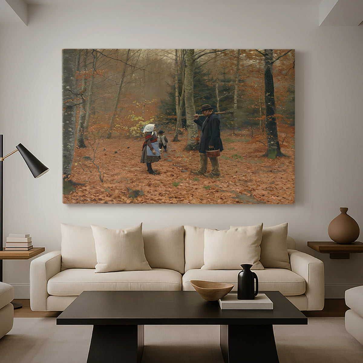 Canvas art print featuring a rustic scene with figures traveling through forest landscape, displayed in a spacious living room