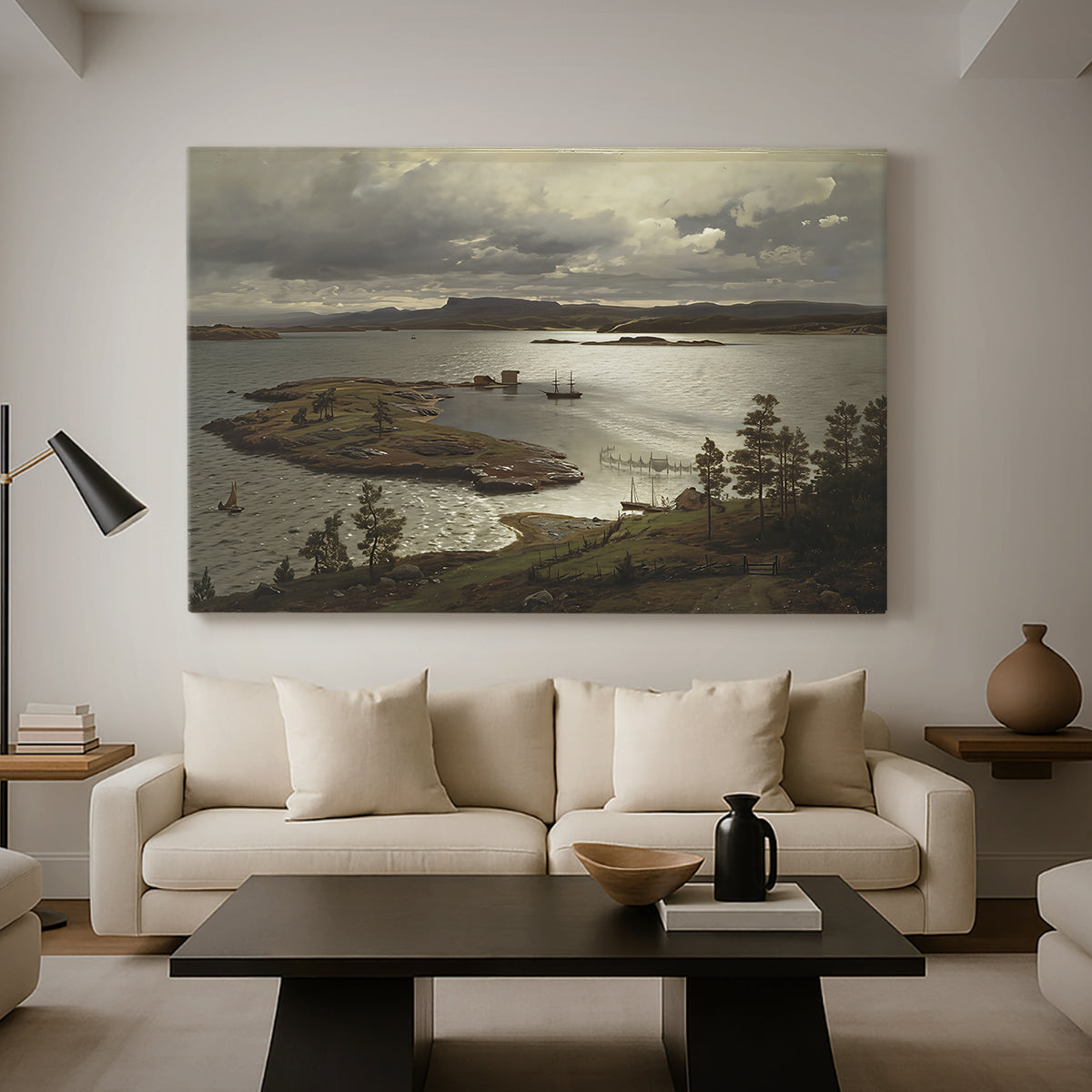 Canvas art print featuring an expansive waterway bordered by hills and sky, displayed in a spacious living room