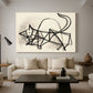 Canvas art print featuring an abstract sketch of feline, displayed in a spacious living room