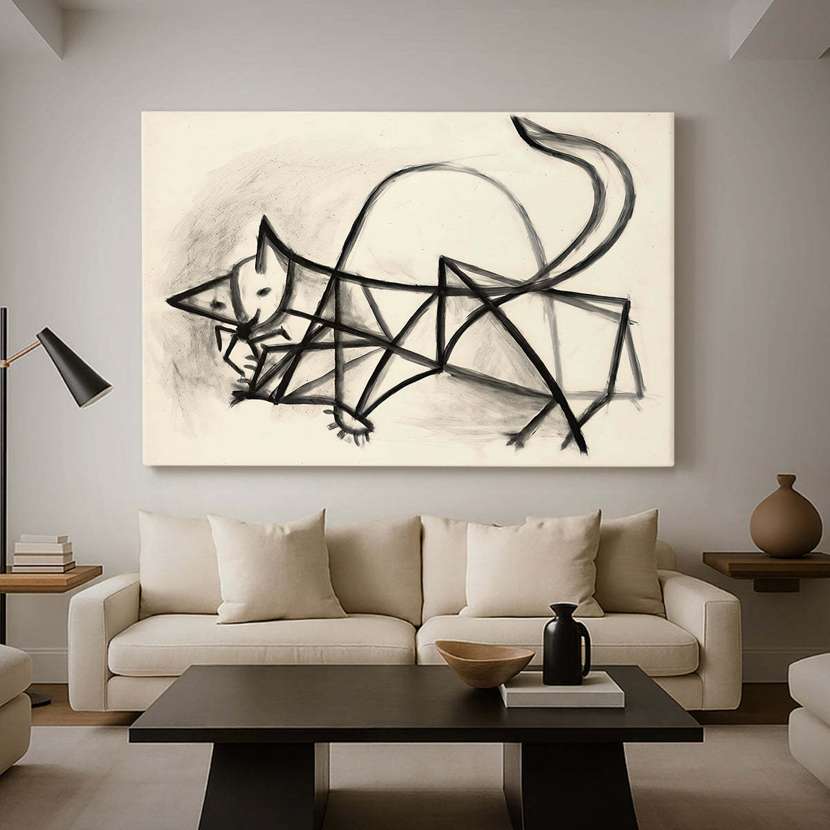 Canvas art print featuring an abstract sketch of feline, displayed in a spacious living room