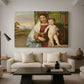 Canvas art print featuring a Renaissance composition of Madonna and child against landscape backdrop, displayed in a spacious living room