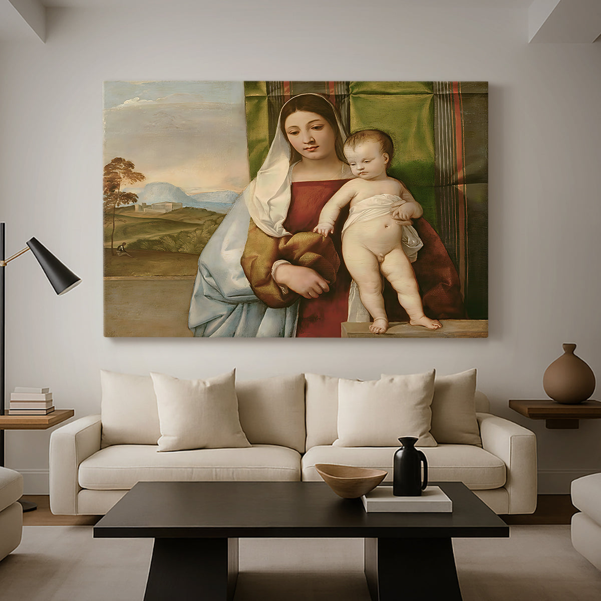 Canvas art print featuring a Renaissance composition of Madonna and child against landscape backdrop, displayed in a spacious living room