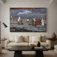 Canvas art print featuring an expressive composition combining road, figures, and terrain, displayed in a spacious living room