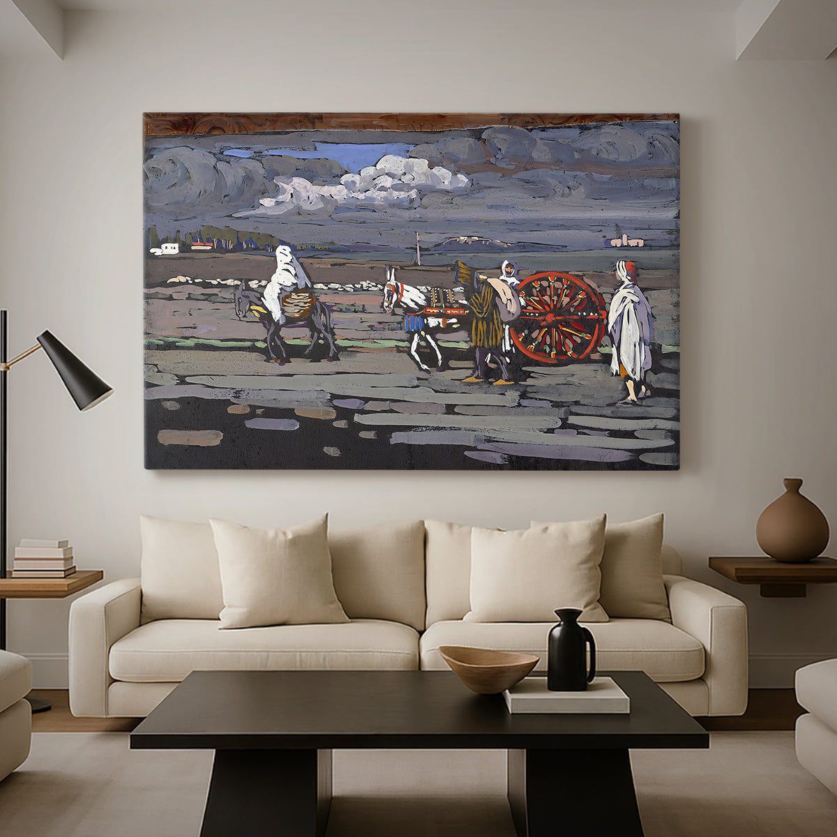 Canvas art print featuring an expressive composition combining road, figures, and terrain, displayed in a spacious living room